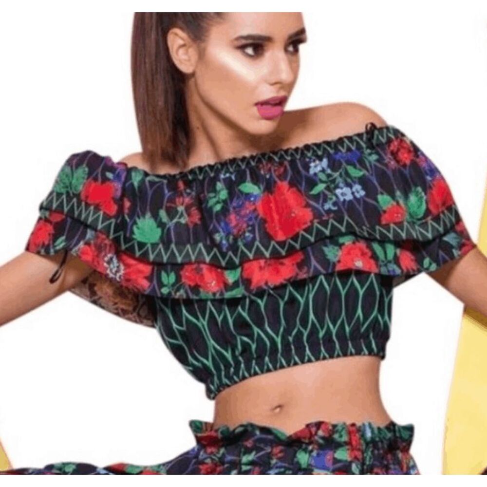 Kenzo x H&M Limited Edition Silk Blend Off Shoulder Ruffle Crop Top Floral 4